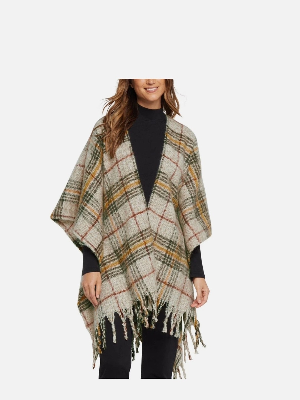 Woolrich Plaid Fringe Poncho - Beige, Green & Rust